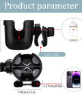 Universal Stroller Cup Holder With Phone Holder dimensions and bottle fit, adjustable for 1.2-inch handlebars, in black.