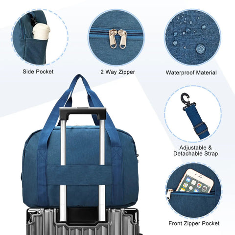 Navy blue underseat travel duffel with laptop compartment, wet pocket, side pocket, and adjustable strap on luggage handle