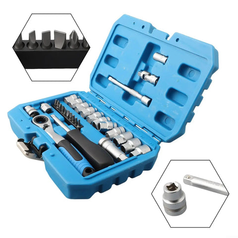 29 Piece Ratchet Socket Wrench Set Made From Heat Treated Chrome Vanadium Steel With Metric Sockets Driver Bits Extensions And Dual Direction Handle Perfect For Auto Repair Or Furniture Assembly A Hardcore Workshop Tool That Works Like A Charm in blue case showing sockets and wrench.