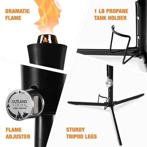 Collage of Outdoor Propane Tiki Torch 71 Inch Tall Long Burning Flame Portable Yard And Patio Lighting features, including flame and tripod base.