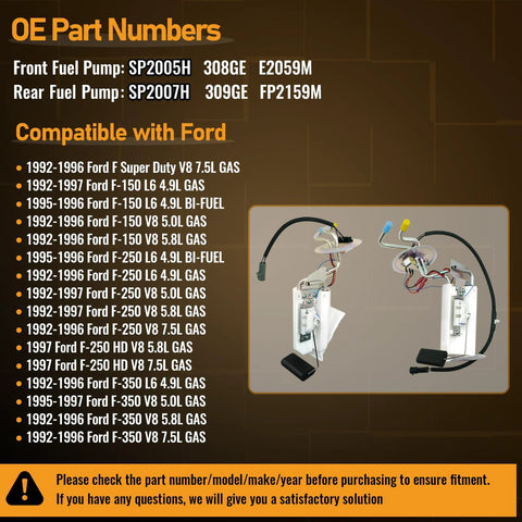 Ford F Series Front And Rear Fuel Pump Assembly For 1992 1993 1994 1995 1996 1997 F150 F250 F350 F250HD V8 5.0L 5.8L 7.5L 4.9L