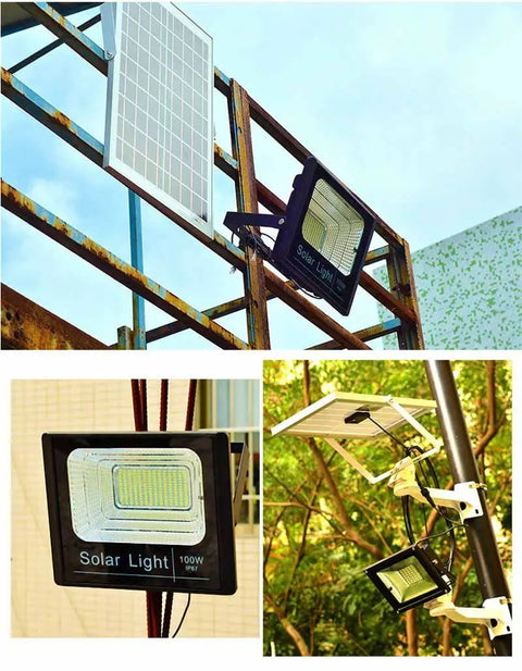 100W Solar Flood Light With Remote Control Dusk To Dawn Outdoor Lamp 324 LEDs 5000 Lumen Brightness Waterproof IP65 installed