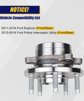 Two Piece Wheel Bearing And Hub Assembly 512460 For Ford Explorer 2011 2018 And Police Interceptor Utility 2013 2018 Front Or Rear 5 Lug With ABS Drop In Ready Direct Replacement Premium Quality Set, side view showing compatibility list for Ford Explorer and Police Interceptor Utility models.