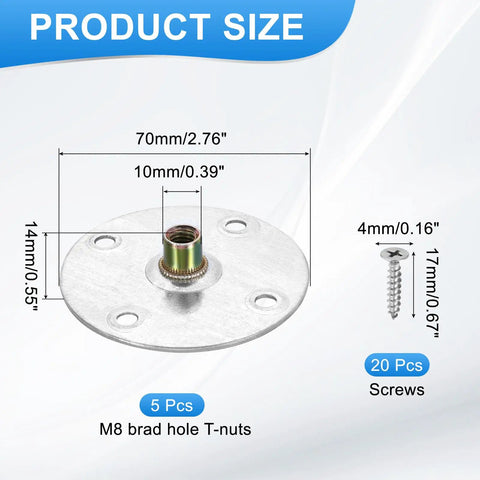 Heavy Duty M8 Tee Nuts 5 Pack With 32 Self Tapping Screws For Plywood And Furniture Assembly Secure Anchor Hold Quick Drop Install Pro Grade Flange Inserts Built Tough dimensions with screws details.