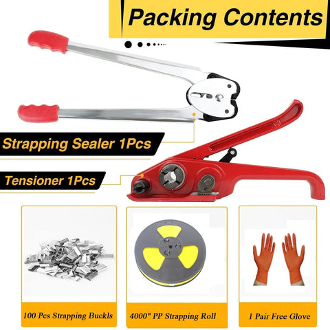 Heavy Duty Pallet Strapping Kit With Poly Strapping Tensioner, 4000 Inch PP Strapping Band, 100 Metal Seals, Sealer Tool, contents display