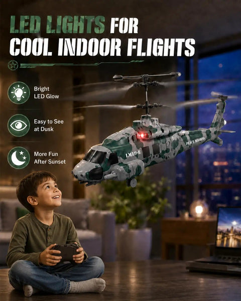 Rugged RC Helicopter With Realistic Military Look, 2.4GHz Control, altitude hold, one-key takeoff, LED lights indoor flight