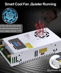 Adjustable Power Supply With LED Display 110V 120V To 240V AC 24V DC Converter 480W 20A, showing cooling fan feature