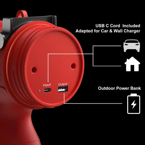 Back view of Rechargeable Handheld Spotlight Flashlight 200000 Lumens showing USB-C input and USB output.