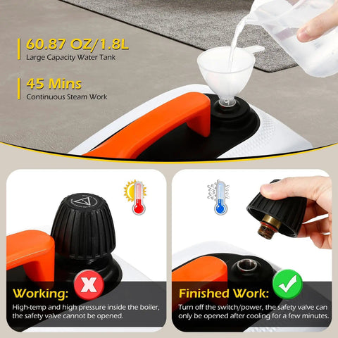 Powerful 1800W Steam Cleaner With 320F High Temp And 5 Bar Pressure, showing 1.8L water tank and safety valve instructions.
