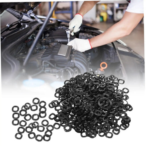 Beefed-Up Spring Wave Washer Gasket Kit - 500-Piece Assortment For Electrical Connections And Automotive Use, Spring Steel Wave Gaskets That Fit Tight Spaces, Prevent Loosening, Reduce Friction, black wave washers in a car engine bay