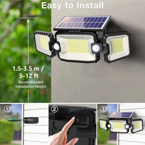 Three Head Solar Outdoor Flood Lights 7300LM IP65 Waterproof Security Spotlight With Dual Motion Sensors installation guide