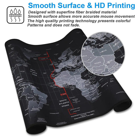 XXL Gaming Mouse Pad With Ultra Smooth Surface and Durable Anti Fray Stitching, featuring a world map design, rolled view