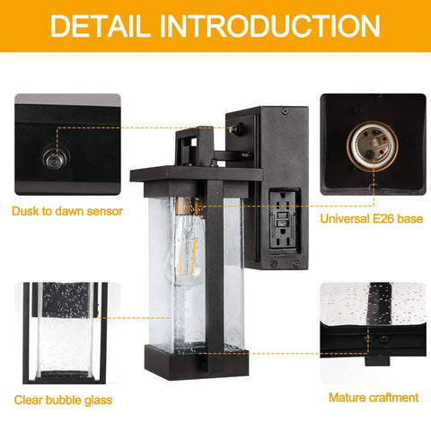 Dusk To Dawn Outdoor Light With GFCI Outlet Bubble Glass Exterior Wall Mount Fixture with clear bubble glass and E26 base