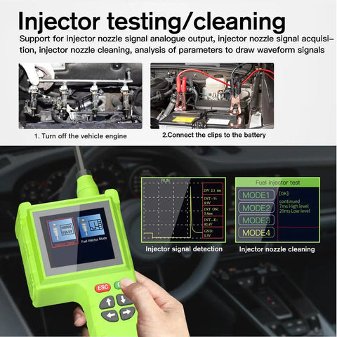 P100 Pro Power Circuit Probe Kit 9V 30V Automotive Circuit Tester display with injector testing instructions and waveform signals