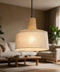 milaruoro Pendant Light with Bamboo and Fabric Shade, Black Hanging Light Fixture for Kitchen Island, Modern Farmhouse Lighting for Dining Room Bedroom Living Room Hallway in a cozy living room setting.