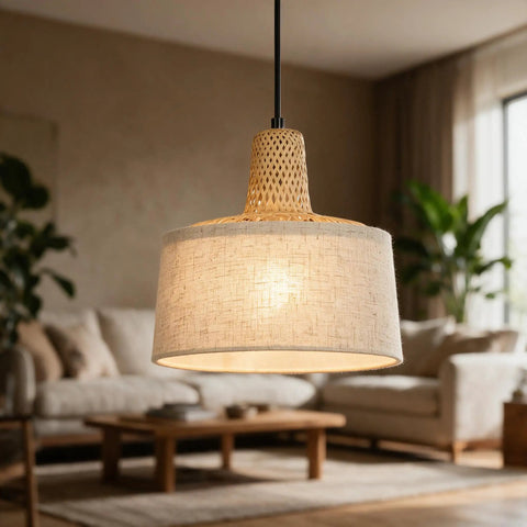 milaruoro Pendant Light with Bamboo and Fabric Shade, Black Hanging Light Fixture for Kitchen Island, Modern Farmhouse Lighting for Dining Room Bedroom Living Room Hallway in a cozy living room setting.