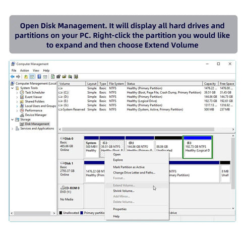Screenshot of Disk Management showing hard drives and partitions with Extend Volume option for Super Slick Dual M.2 Msata Mini Sata Ssd To 2.5 Inch Sata Hdd Hybrid Enclosure Housing For Seamless Raid Zero And Jbod Span Bridging Solutions Offering Hassle Free Plug And Play Data Expansion.