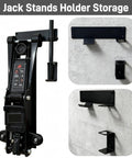 Wall Mount Jack Stand Organizer For Garage Tools Keeps Floor Clear By Storing Hydraulic Trolley Jack Stands On The Wall Car And Trailer Maintenance Hangers Heavy Duty Jack Stands Holder Storage on a grey wall.