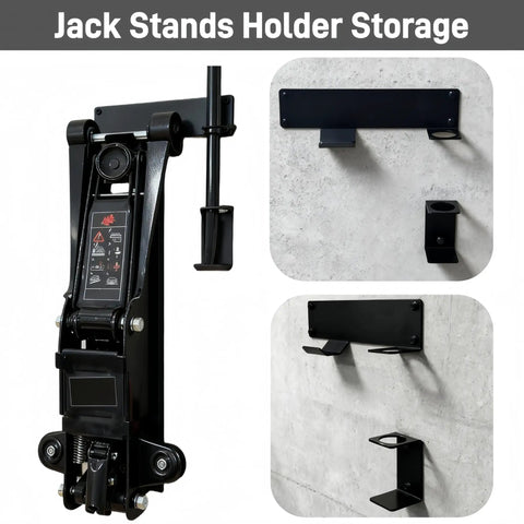 Wall Mount Jack Stand Organizer For Garage Tools Keeps Floor Clear By Storing Hydraulic Trolley Jack Stands On The Wall Car And Trailer Maintenance Hangers Heavy Duty Jack Stands Holder Storage on a grey wall.
