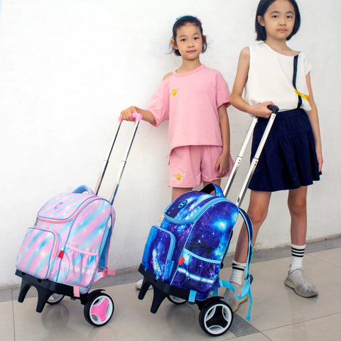 Foldable Aluminum Backpack Trolley Cart With Stair Climbing Wheels, Adjustable Handle And 77 Lb Capacity, Pink and Blue Backpacks