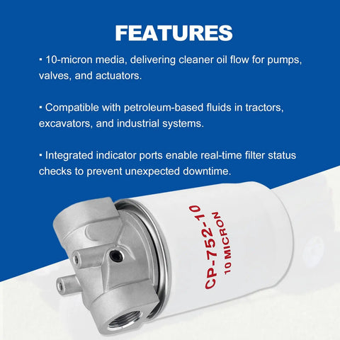 Spin On Hydraulic Oil Filter Assembly With Indicator Ports For Petroleum Based Fluids, 10 Micron Filtration, 20 GPM, 200 PSI, Three Quarter Inch NPTF Return Line Ports, For Tractors, Excavators, And Industrial Equipment