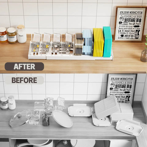 Before and after of 2 Pack Expandable Pots And Pans Lid Organizer Rack for under cabinet storage with 9 adjustable dividers, white.