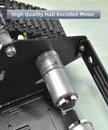 Close-up of high-quality hall encoded motor on shock absorbing tank robot chassis with motor for Raspberry Pi and Arduino Dope Full Metal Track Platform with Encoder Motor DIY Smart Robot Car Kit compatible with Jetson Nano and other makers black