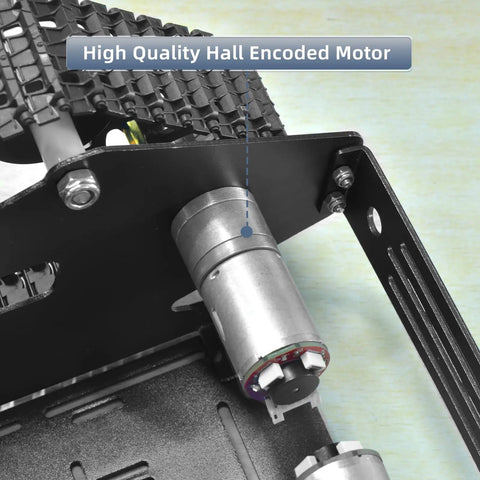 Close-up of high-quality hall encoded motor on shock absorbing tank robot chassis with motor for Raspberry Pi and Arduino Dope Full Metal Track Platform with Encoder Motor DIY Smart Robot Car Kit compatible with Jetson Nano and other makers black