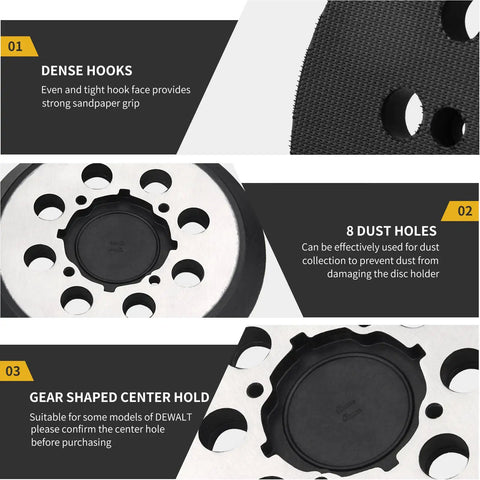 Close-up of Five Inch Sander Pad Replacement with Eight Hole Hook and Loop for DeWalt Random Orbital Sanders DWE6421 DWE6423 DCW210B