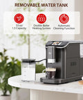 Straight Up Fully Automatic Espresso Machine With 20 Bar Pressure One Touch Cappuccino And Latte Brewer Sweet Silk Foam Frother Single Double Shot Selector Removable Water Tank Black And Silver with milk container on a table.