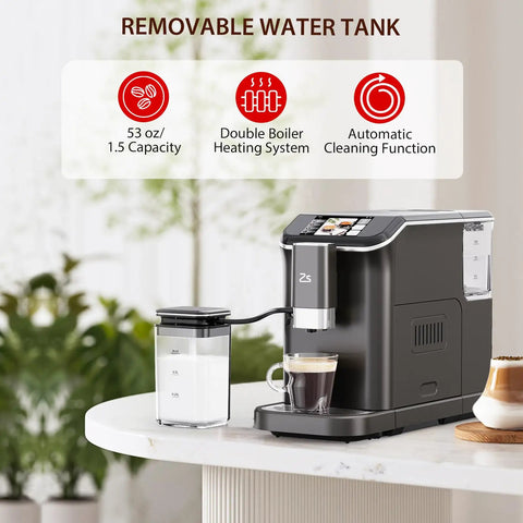 Straight Up Fully Automatic Espresso Machine With 20 Bar Pressure One Touch Cappuccino And Latte Brewer Sweet Silk Foam Frother Single Double Shot Selector Removable Water Tank Black And Silver with milk container on a table.