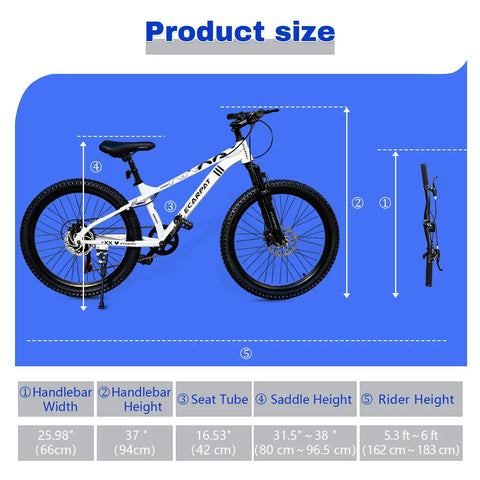 Trail Ready Rugged Hardtail Mountain Bike With 24 Inch Wheels 7 Speed Trigger Shifter Knobby Mountain Tires Mechanical Disc Brakes Lightweight Aluminum Frame Suspension Fork Plus Comfortable Saddle For All Terrain Adventures, with size measurements for handlebar, seat tube, saddle height, and rider height range shown