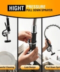 Heavy Duty Commercial Wall Mount Sink Faucet With Pull Down Sprayer Built Like A Tank features high pressure sprayer for powerful cleaning.