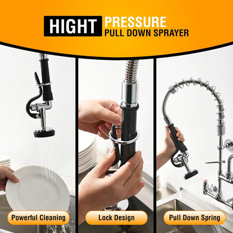 Heavy Duty Commercial Wall Mount Sink Faucet With Pull Down Sprayer Built Like A Tank features high pressure sprayer for powerful cleaning.