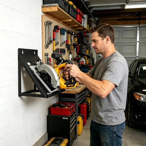 Heavy Duty Power Tool Organizer Wall Mount Rack for garage workshop, storing circular saws, rust resistant steel design