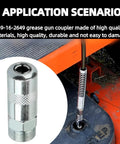 Milwaukee grease gun coupler tip, four-pack; chrome metal with knurled grip, for M18/M12 cordless guns, close-up view.