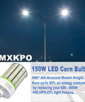 150W E39 LED corn light bulb for warehouse and parking lot, shown alongside night outdoor lighting and LED fixture description