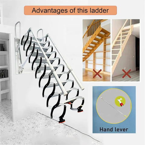 Heavy Duty Electric Telescopic Ladder Folding Attic Stairs Retractable Loft Access With Wide Non Slip Treads shown with safety advantages.