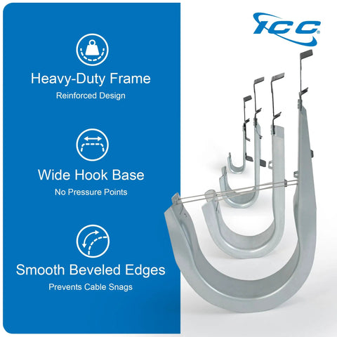 J Hook Batwing 3/4 Inch 25 Pack For Low Voltage Cable Runs Including Cat5e Fiber Optic And Innerduct Silver Finish Durable Steel Mounts Easy Install For DIY And Pro Projects, showing heavy-duty frame, wide hook base, and smooth beveled edges in silver steel.