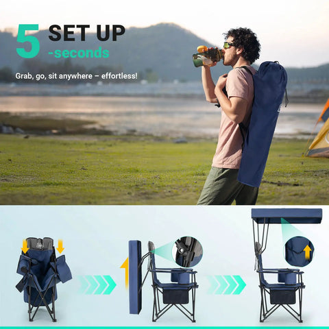 Man carrying Camping Chair With Canopy Shade For Outdoor Adventures, Oversized 330Lbs Heavy Duty Folding Beach Chair