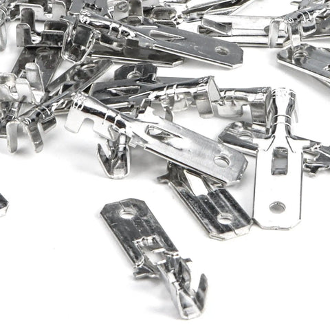 Close-up of Heavy Duty Quarter-Inch Male Spade Terminals Tin-Plated Copper Quick Splice Crimp Connectors For 18-16 AWG Wire Pack Of 100 Automotive Marine DIY Electrical Projects