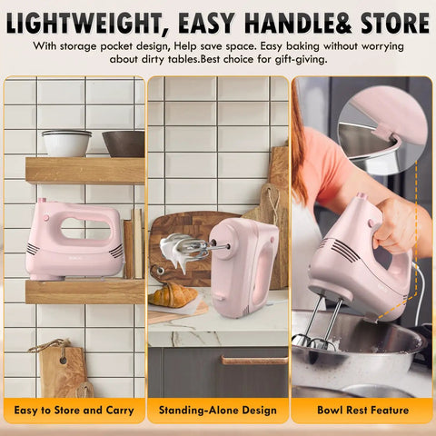 Pink Electric Hand Mixer With Turbo Boost and Five Adjustable Speeds Features Durable Steel Beaters Hooks and Compact Storage Pouch, easy to store.