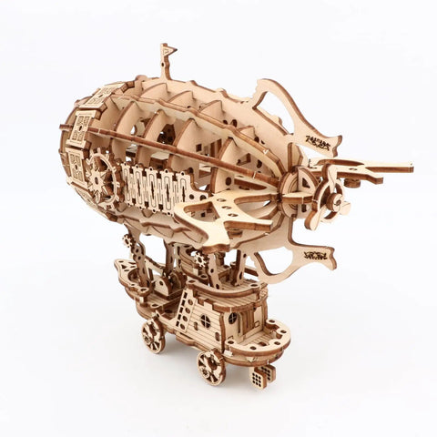 Assembled Steampunk Airship 3D Wooden Puzzle Kit with 169 pieces, 7.7 x 5.3 x 6.5 inches, showcasing intricate details.