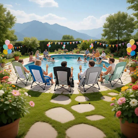 Low Profile Folding Beach Chair Twin Pack with Mesh Back near a pool party