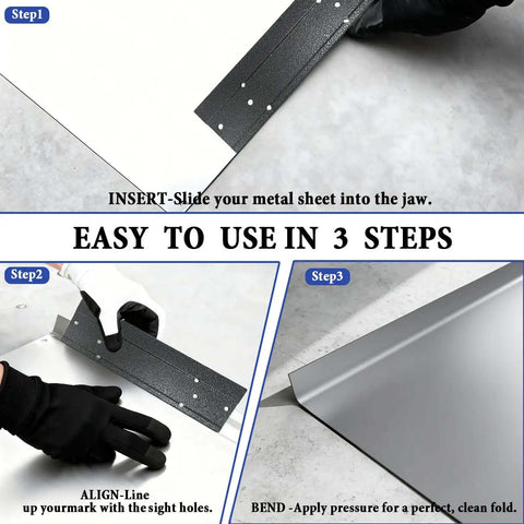 Easy to use 12 Inch Folding Sheet Metal Bending Tool for HVAC pros shown in three steps with cold rolled steel construction