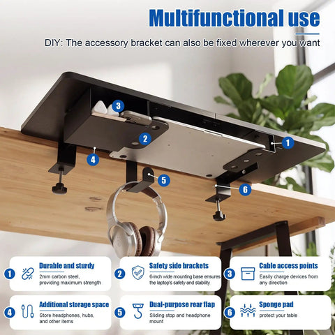 Heavy Duty Under Desk Extender Tray 30 By 12 Inches with side storage, showing cable access points and sturdy design in black.