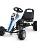 Kids Pedal Go Kart With Adjustable Seat Handbrake Free Wheel And Pedal Modes Four Wheel Ride On Toy Car For Outdoor Adventures Wear Resistant Wheels Safe For Boys And Girls Gift, featuring black and white design with knobby tires.
