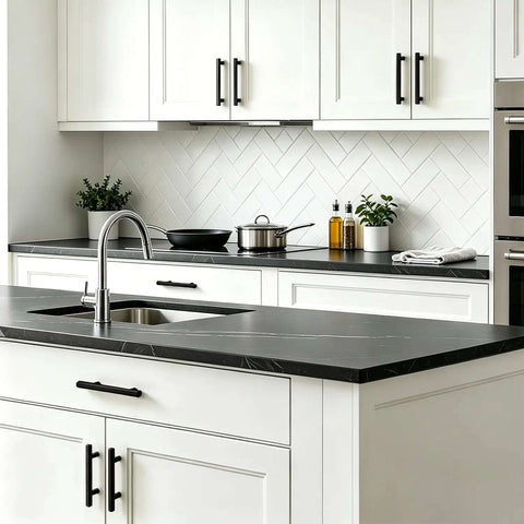 Kitchen with Matte Black Cabinet Handles 4 Pack, Three and Three Quarter Inch Hole Center Kitchen Cabinet Pulls on white cabinets.