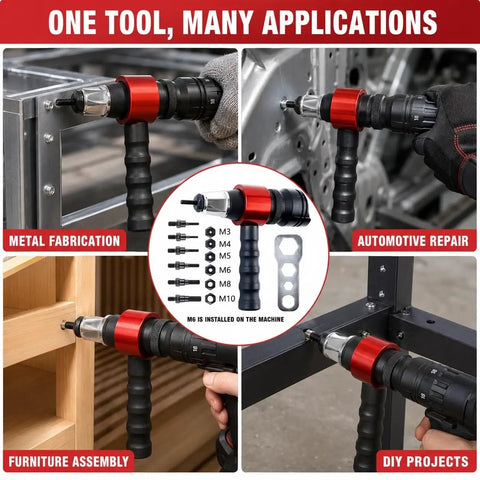 Pro Grade Electric Rivet Gun Adapter Kit For Drills M3 To M10 in use for automotive repair and furniture assembly tasks