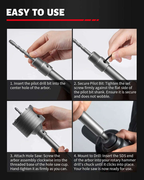 DAYDOOR 10-piece concrete hole saw kit with SDS Plus/Max adapters; four-panel installation diagram.